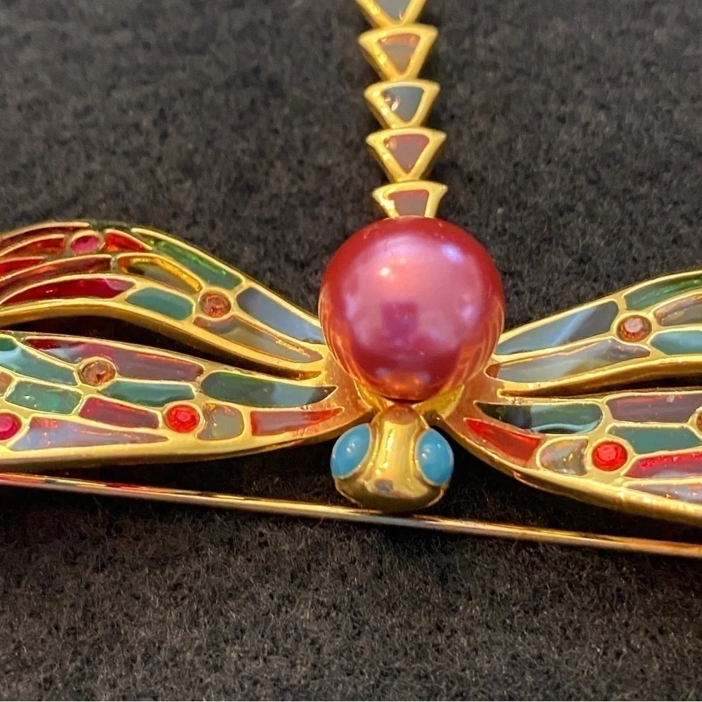 Joan Rivers Plique a Jour Articulated Dragonfly enamel  & rhinestone brooch